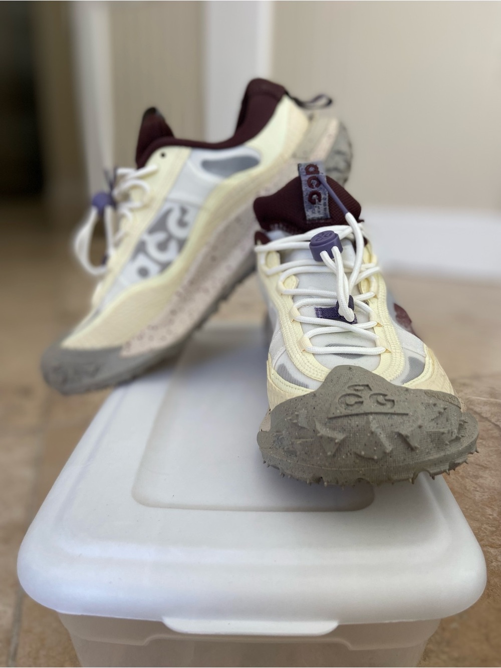 Nike ACG Trail Sneakers in Cream and Burgundy with Purple Pulls
